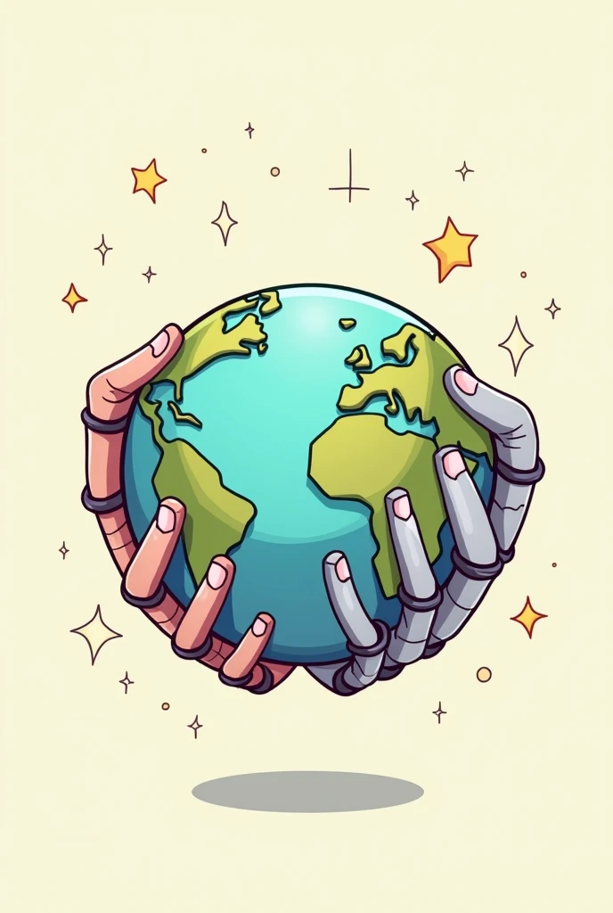 a cartoon image of a two hands of a human and a hand of robot holding a globe