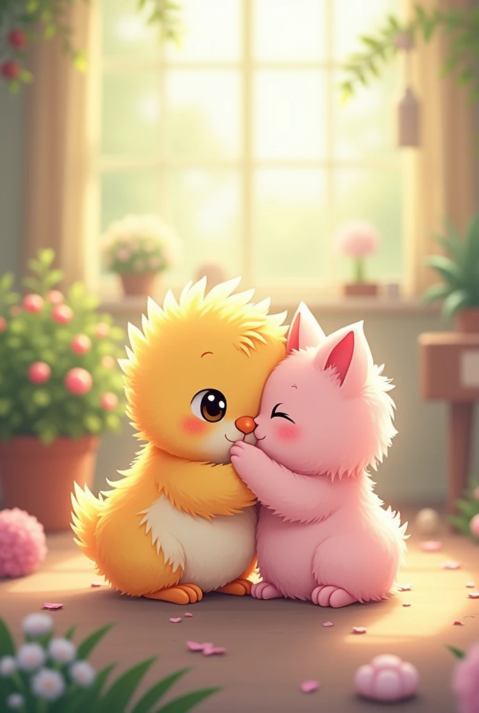 Anime-like image of a colored chick hugging a pink cat
