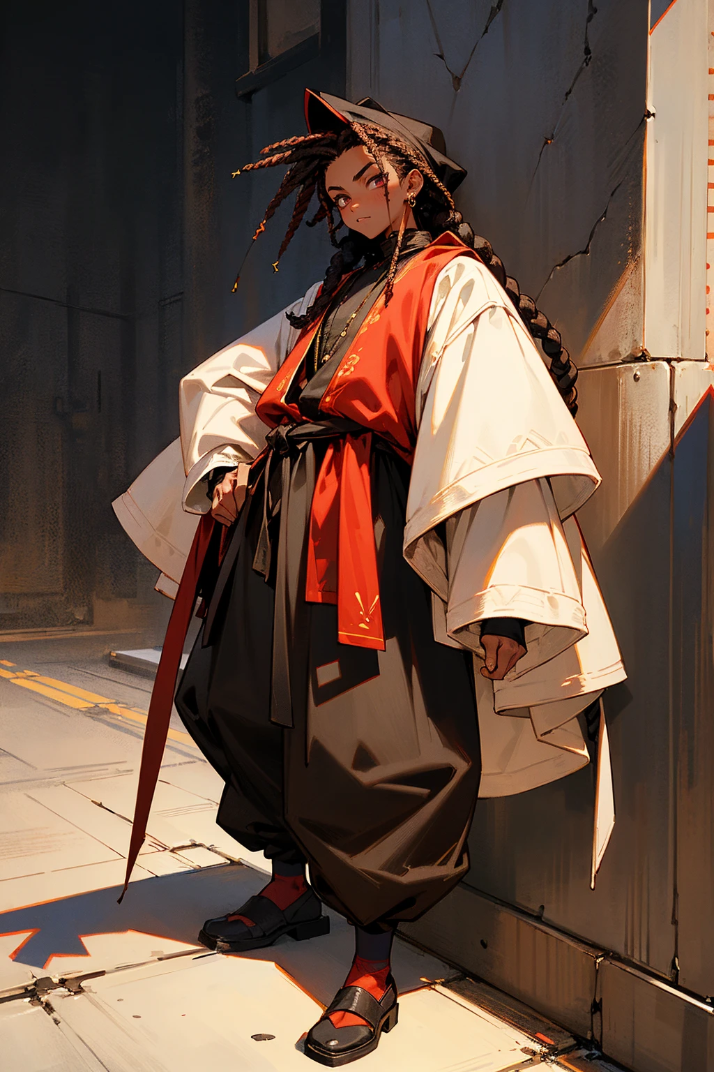 Masterpiece Quality, Perfect Generation, Sclera, Detailed Eyes, Skin, Black Dreadlocks Hair, Muscular, Street Clothing, Random Expression, , Dark Street Background, Full Body, Tanned Skin, , Earrings, , Standing, , Clothed, Hair Tie, Male, Gangbanger, durag, red,