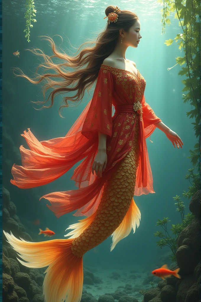A goldfish girl, with fishtail but legs, wearing red Hanfu, long brown hair and fishtail,