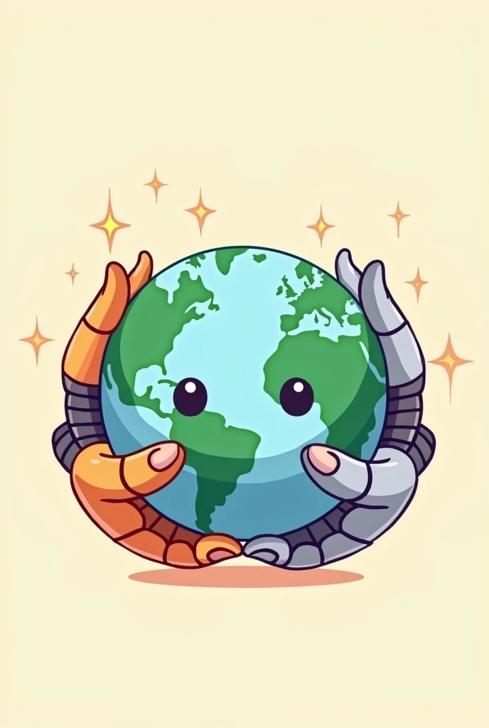 a cartoon image of a two hands of a human and a hand of robot holding a globe