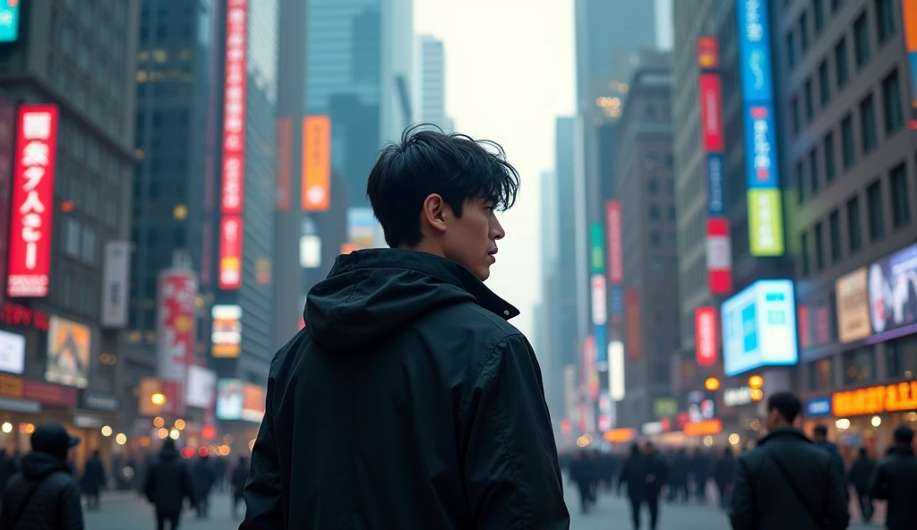 Face away from the camera, black hair, high detail, high quality, man,Talkative singer,bow in thought,Black hooded coat,On the streets of the metropolis,high-rise buildings,people coming and going,Real People