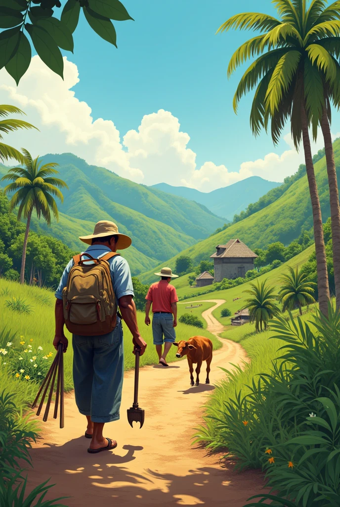 Recreate the following stanza in a realistic and contextualized way in Latin American country life:
A farmer brings his work tools and backpack along a path:
Another farmer is wearing sandals and not a hat. He is looking for a cow with her calf to milk next to the corral..