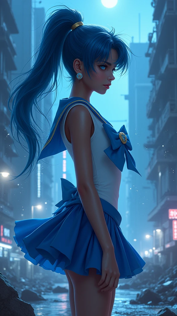 Sailor Mercury  with blue hair and , (dark ebony skin:1.4),(background city destroyed apocalypse Tokyo night :1.4), Artgerm JSC, portrait knights of zodiac girl, extremely detailed Artgerm, Ross Tran 8 K, in the style of ross tran, Artgerm Julie Bell Beeple, by Ross Tran, ross tran style, alena aenami and artgerm, inspired by Ross Tran, high quality, (raw photo, best quality), (realistic, Photorealistic: 1.4), (extremely delicate and Beautiful: 1.4), Amazing, fine details, masterpiece, Ultra detailed, high resolution, best illustration, best shadow, intricate, ( extremely intricate: 1.2), (exquisitely detailed skin), cinematic light, Perfect anatomy, (cool color: 1.4), Sharp focus, 8K UHD, DSLR, (Fujifilm XT3),(dark ebony skin:1.4),( cinematic lighting :1.4), ,(Tokyo cyberpunk ruined dungeon ruins background :1.4 ),( pose americano :1.4), (Sailor Mercury :1.4), (a uniform with a blue skirt and light blue bows:1.4) .(85mm f/1.4), (different face extensions :1.4), (beautiful woman beauty a goddess of nature :1.4), epic fantasy art style hd, 4K fantasy art, epic fantasy digital art style, epic fantasy art style, Fantasy Woman, epic fantasy art portrait, Epic fantasy style, hyperrealistic fantasy art, hd fantasy art, epic fantasy character art, epic fantasy art, in style of dark fantasy art, epic fantasy digital art, (Sailor moon Mercury:1.4), (Sailor Mercury V2.1), (half body pose:1.4 ), - floating particles, magic water:1.4),( floating water:1.4) ,(surrounded by swirling water:1.4) 
