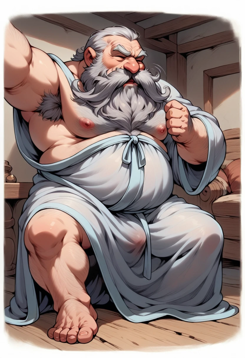 Dwarf Elder, low, Overweight man, Gray Hair, Short Hair, Thick, Strong arms and legs, Broad shoulders, A little bit fat, Big beard, big mustache,The whiskers bounce from side to side.,Very hairy, Lots of body hair,chest hair,Detailed body hair, Armpit hair,Wearing a long-sleeved, untethered, translucent bathrobe,Bathrobes are only fluffy, Wearing very small translucent underwear, Protruding pubic hair, Sit and put one knee up,barefoot,yawn,Overreaching, Modern minimalist living room