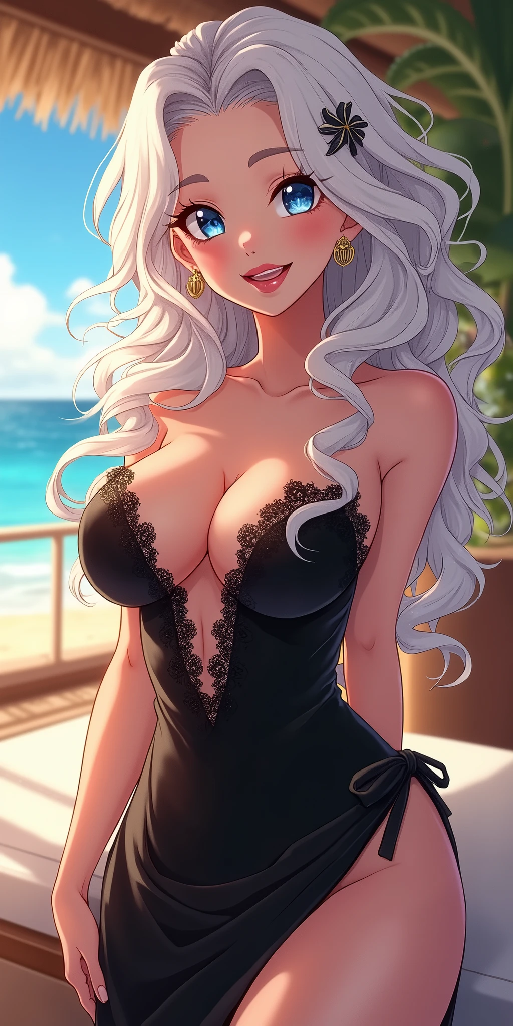 (best quality, ultra-detailed, photorealistic: 1.39), bright and vibrant colors, studio lighting, romantic expression, An effeminate girl, with a delicate and beautiful face. She is a girl who reflects seductive beauty, sparkling eyes, A beautiful adult woman beautiful and voluminous curly white hair, hair clip, crying a seductive 2 woman with big breasts seduces, with her large breasts seduces, long black strapless dress, lace, with lace details, happy expression with an insinuating smile, with beautiful legs, with her blue eyes that matches her soft smile, in a beautiful pose demonstrating her seduction beautiful, tropical inn, beach in the distance, leisure area of the inn, anime style, like a manwha character