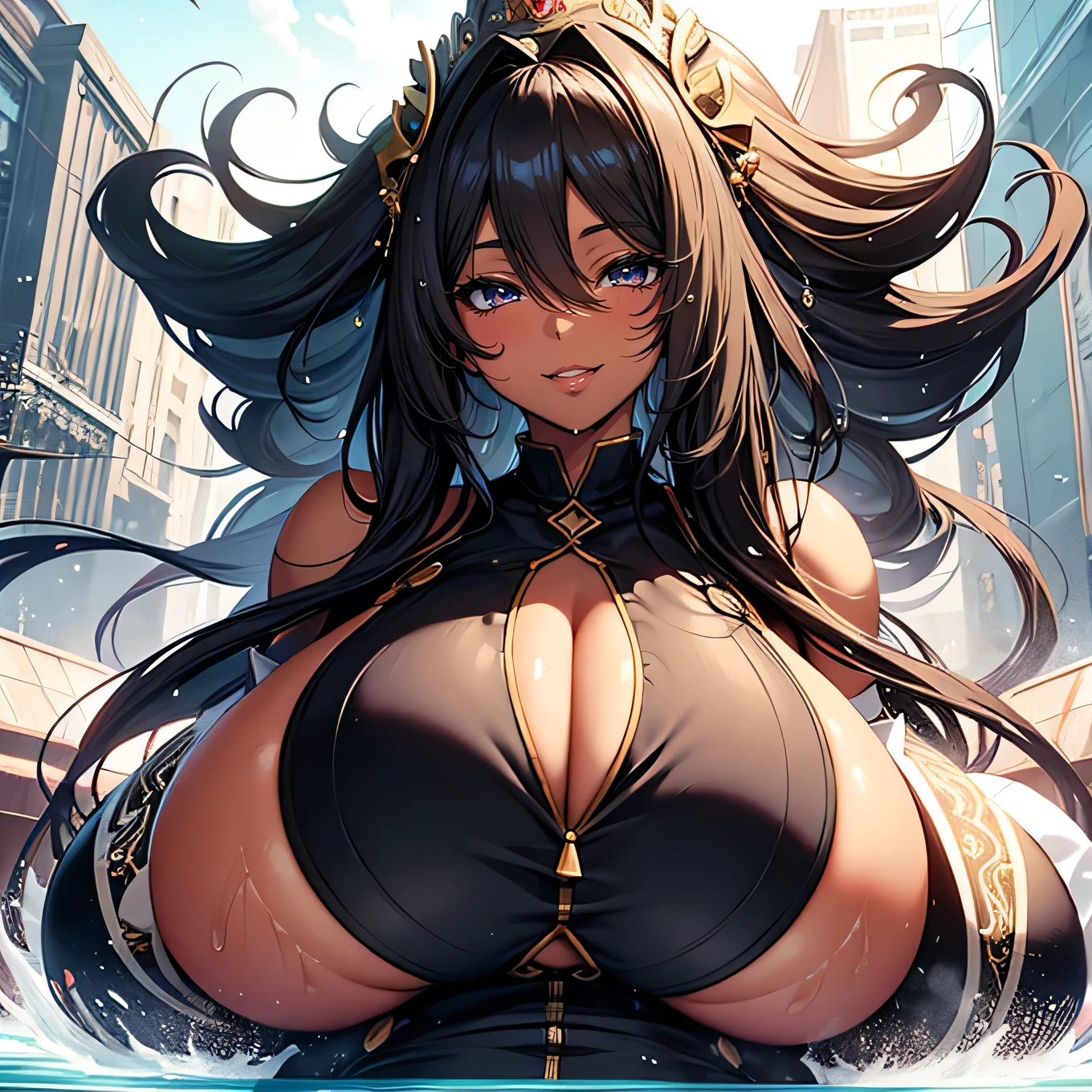 (1 girl), anime style, image of a black woman, goddes, oppai, giant breasts, solo, long curly hair, big breasts!, extremely detailed goddess image, huge breasts, thicc body, anime art, horny look, black skin, thick lips, smile, big thighs, wet breasts, ebony, huge thighs, horny look, gigantic boobs