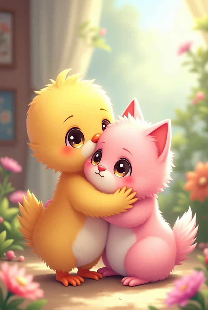 Anime-like image of a colored chick hugging a pink cat