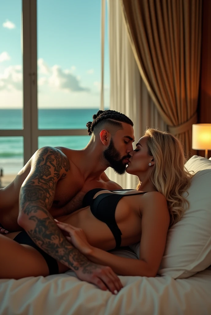 Couple in love kissing young 2 sexy Tough gangster with black hair shaved on the sides with braids brown eyes thick lips athletic body masculine energy and sexy defined chin trimmed beard colored tattoo marked biceps wears Homme in black color Muslim style black boxer Kiley woman rude Colombian beautiful voluptuous Defined features long blonde hair thick lips ,sexy elegant black underwear, In a luxurious hotel room, lying on a bed with oak furniture with golden touches, a large window overlooking Miami beach