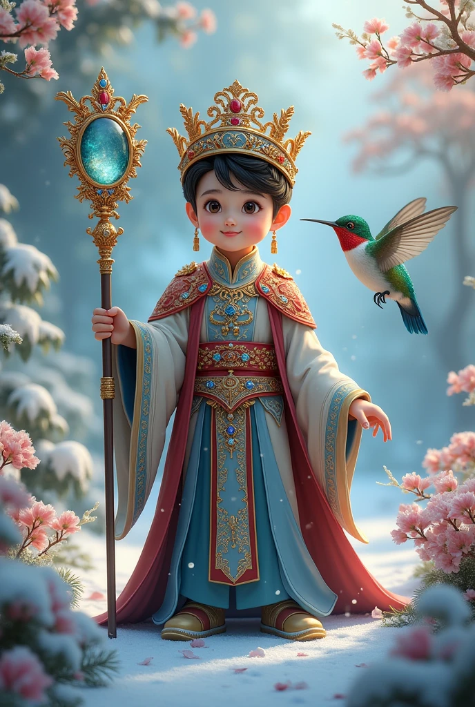 (Photorealism:1.2), a chinese king , Youngh , still a child , with a rose gold crown , sapphire , amethyst , e Onix , a magic wand made of crystal and diamond , a large hummingbird near a winter garden