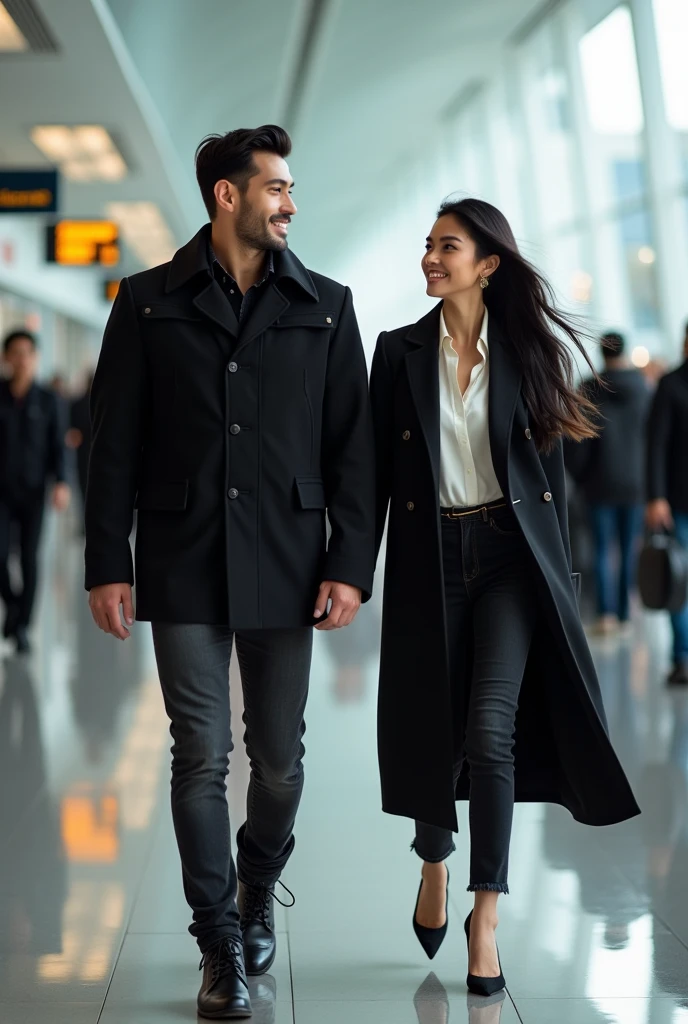 Asian couple. Beautiful and handsome, man with neat black hair, wearing a black parka jacket, black jeans, high boots. Woman with long black hair. Wearing a luxurious long blouse, long black jeans, wearing heels, both smiling. Walking in airport