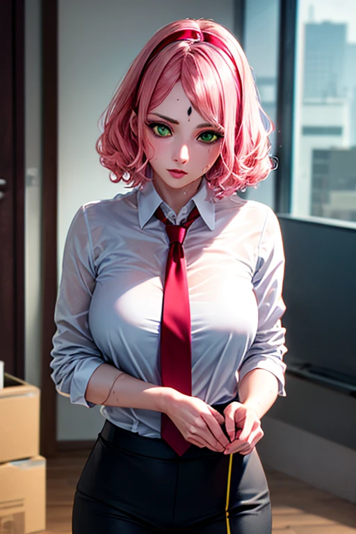 Ultra detailed HDR, looking at viewer,parted lips,looking back,
solo,
Makima/(chainsaw man) /,1girl,pink hair,braid,yellow eyes,
medium breasts,
black suit,necktie,
black pants,