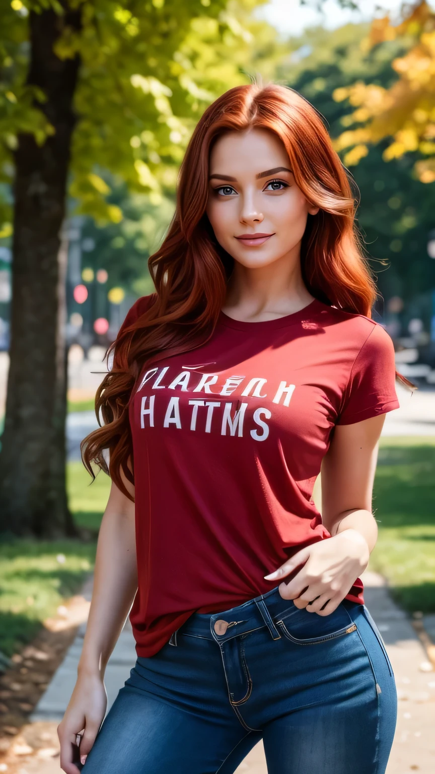 Realistic full body photo of a smiling, Young red-haired girl with long hair, She dances in front of the camera in a red cotton T-shirt without lettering and tight black jeans, Park,glamour fotoshooting, Park, perfect anatomy, perfect green eyes. Perfect hands with 5 fingers on each hand, Matching girl, looking at the camera, 1 Frau. (Eye make up:1.1), (highly detailed skin:1.1), spirit, analog style, keen focus, 8K UHD, dslr, good quality, Fujifilm XT3, Grain, Award-winning, masterpiece. Park