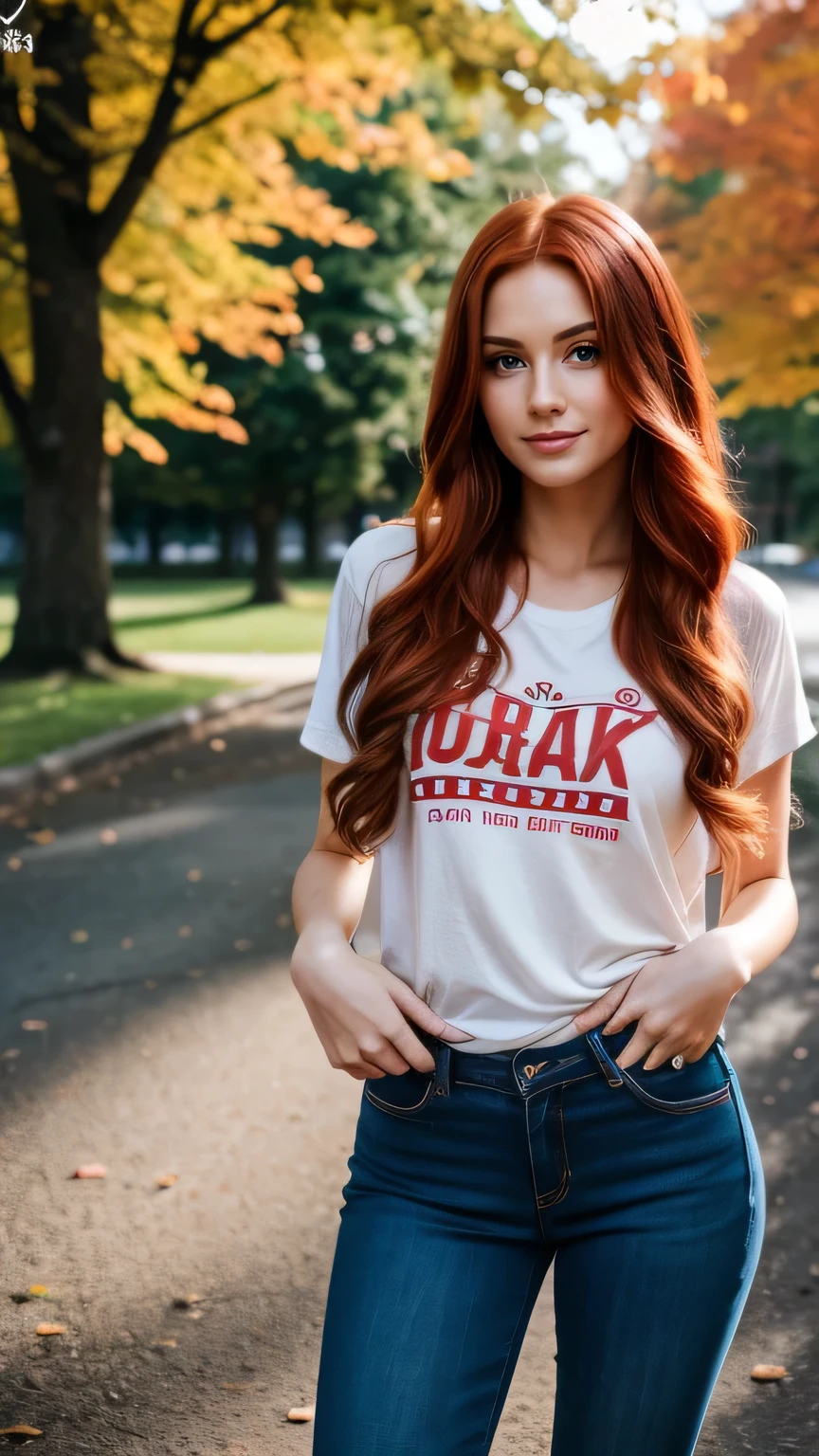 Realistic full body photo of a smiling, Young red-haired girl with long hair, She dances in front of the camera in a red cotton T-shirt without lettering and tight black jeans, Park,glamour fotoshooting, Park, perfect anatomy, perfect green eyes. Perfect hands with 5 fingers on each hand, Matching girl, looking at the camera, 1 Frau. (Eye make up:1.1), (highly detailed skin:1.1), spirit, analog style, keen focus, 8K  UHD, dslr, good quality, Fujifilm XT3, Grain, Award-winning, ​masterpiece. Park