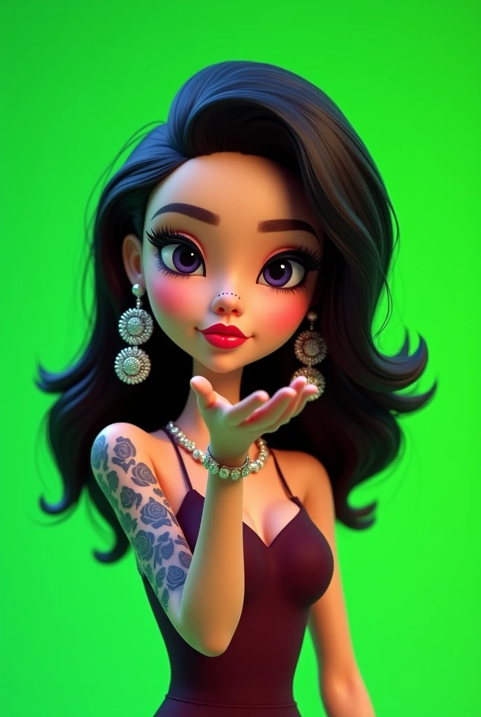 A bratz-like animation of a girl with medium black hair, with a whiter complexion with a dot piercing on her left side nose with large earrings in her ears posing in evening wear blowing a kiss with a tattoo with many black roses on her left arm on a completely green background without blur with brown eyes 