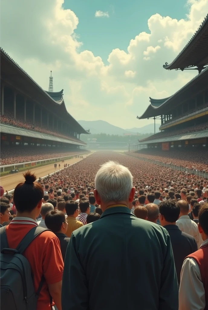 racecourse, old man, a lots of people, excited, angry, japanese