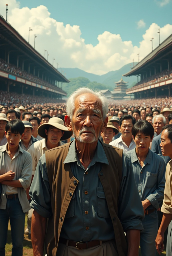 racecourse, old man, a lots of people, excited, angry, japanese