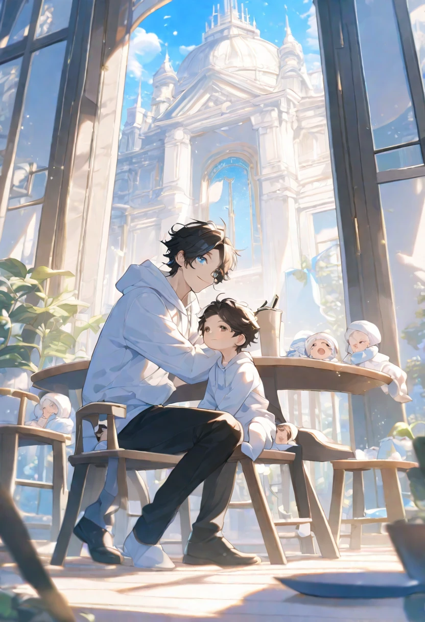 alone, elegant, adult,1 man, (30 year old man) ,Hugging the twins, short hair, black hair, Half and half, blue eyes, details, white shirt, Drink coffee,coffee cup,Coffee table, Hood, The father, Baby, Cute baby, Children's clothing, Two siblings, smile ,,boy, boyอายุ 2 ขวบ , full body, sit, Dynamic angle, black hair, court, 3yo, black hair, daytime, Clear sky, smile, Wearing a white hoodie, blue eyes, The composition should express a blend of innocence., The background should be eye-catching.,boyอายุ 2 ขวบ, full body, sit, Dynamic angle, white hair, court, 3yo, white hair, daytime, Clear sky, smile, Wearing a white hoodie, blue eyes, The composition should express a blend of innocence., The background should be eye-catching.,