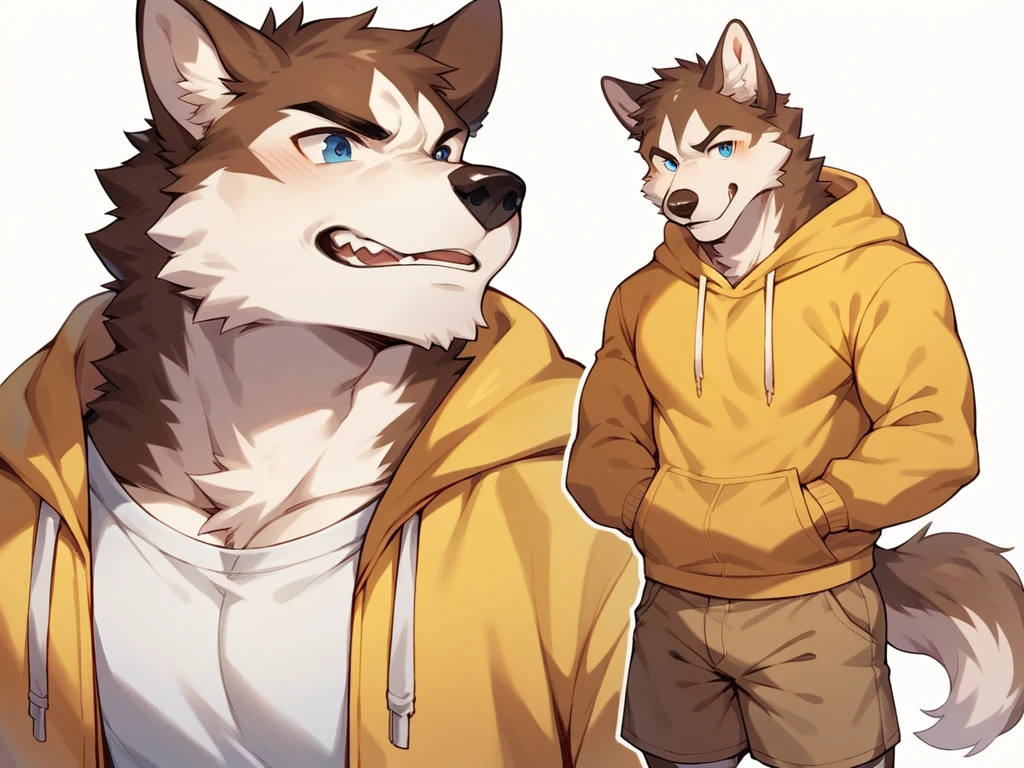 score_9, score_8_up, score_7_up, high quality, hires, anthro, male, husky, brown fur, brown ears, mostly white fur, blue eyes, yellow hoodie, brown shorts, white background,