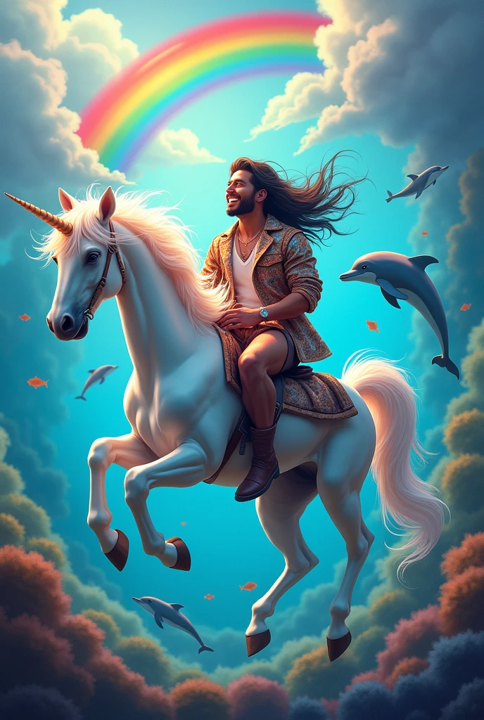 It&#39;s Chayanne riding a unicorn with dolphins in the background, rainbow and flying fish, colorful