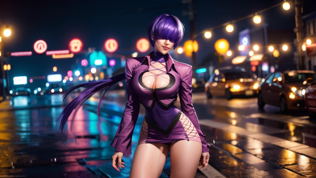 (at night), alone, in a video game scene, a background of a beautiful city during the day raining, standing at attention, purple hair, pink clothes ((purple hair)), 1 girl, alone, 20 years old, woman young, perfect and beautiful hands with perfect fingers, beautiful long legs, perfect legs, beautiful body, beautiful nose, beautiful character design, perfect face, looks at the viewer (focusing on the entire character), closed mouth, Light_Smile, official art, extremely detailed 8k CG wallpaper unit, perfect lighting, bright and colorful front lighting, glowing skin (masterpiece: 1.0), (best quality: 1.0), ultra high resolution, 4K, ultra detailed photography, 8K, HDR, high resolution, nonsense: 1.2, Kodak portra 400, film grain, blurred background, bokeh: 1.2, lens flare, (vibrant_color: 1.2), professional photography, (beautiful_face: 1.5), (narrow waist),
