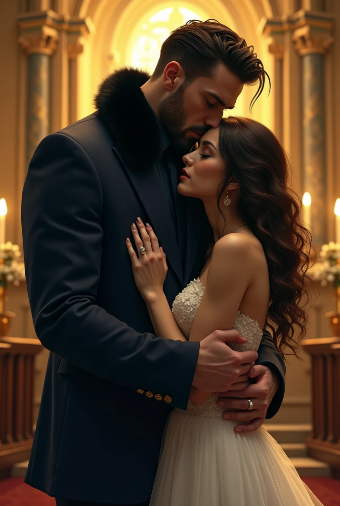 A tall man in a navy blue suit, black fur, intimidating looking man in his 30s hugging a brown haired white woman in her 20s WEDDING DRESS DARK THEATRICAL GOLDEN CHURCH