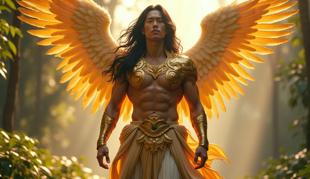 hyper-realistic, highly detailed, lifelike image of extremely handsomely beautiful male Asian Archangel Chamuel in his mid-30s with a Japanese appearance, long flowing wavy black hair, wearing built-in shimmery gold armor on his shoulders and chest, with chiseled abs, standing at 11'8" with a muscular build and large biceps, exuding strength and fierceness, with an enchanting glow of God's glory, walking through the Garden of Eden, with Japanese features, at a resolution of 2048*1536, 32K UHD, Style Raw