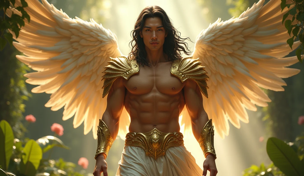 hyper-realistic, highly detailed, lifelike image of extremely handsomely beautiful male Asian Archangel Chamuel in his mid-30s with a Japanese appearance, long flowing wavy black hair, wearing built-in shimmery gold armor on his shoulders and chest, with chiseled abs, standing at 11'8" with a muscular build and large biceps, exuding strength and fierceness, with an enchanting glow of God's glory, walking through the Garden of Eden, with Japanese features, at a resolution of 2048*1536, 32K UHD, Style Raw