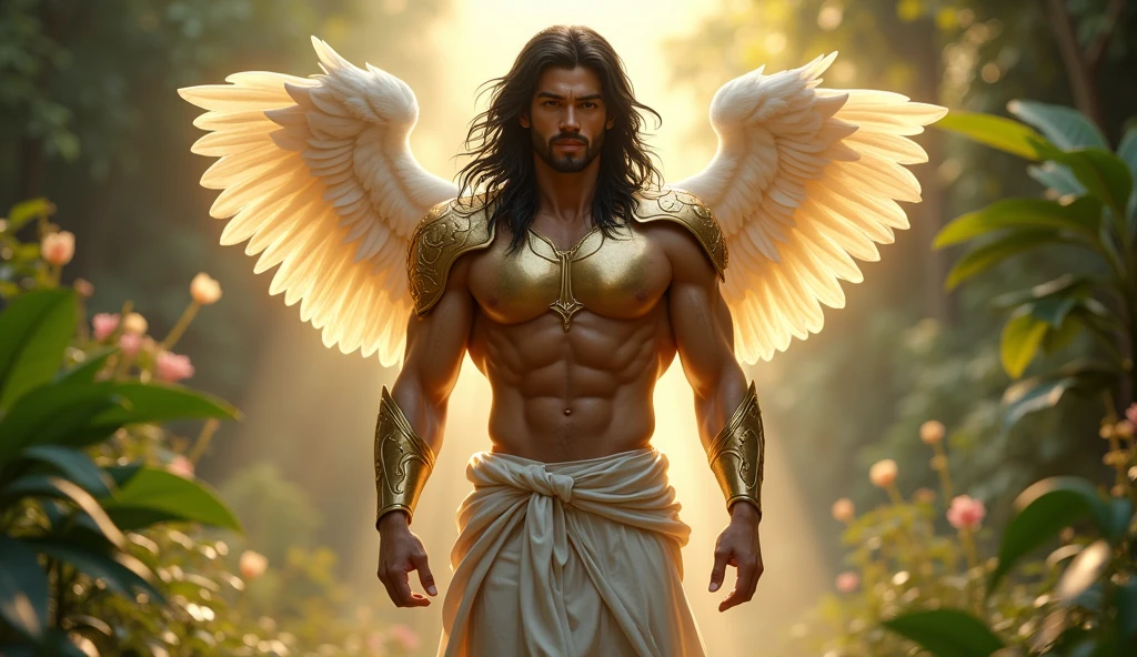 hyper-realistic, highly detailed, lifelike image of extremely handsomely beautiful male Asian Archangel Chamuel in his mid-30s with a Japanese appearance, long flowing wavy black hair, wearing built-in shimmery gold armor on his shoulders and chest, with chiseled abs, standing at 11'8" with a muscular build and large biceps, exuding strength and fierceness, with an enchanting glow of God's glory, walking through the Garden of Eden, with Japanese features, at a resolution of 2048*1536, 32K UHD, Style Raw