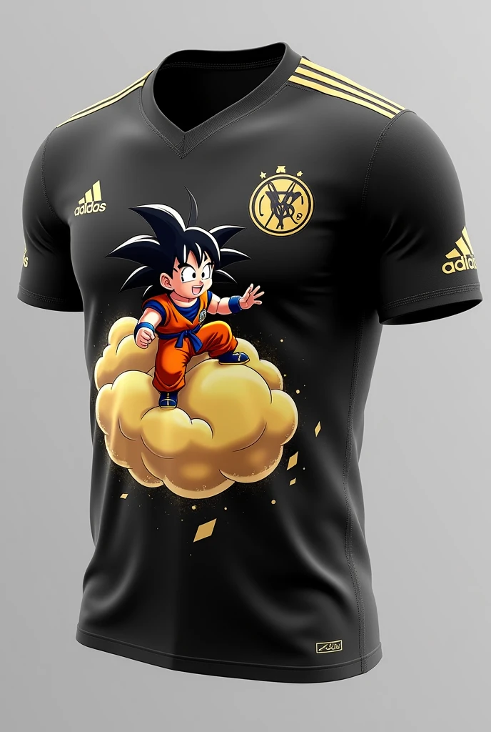 Create a football shirt with the predominant color being black and with the child Goku on top of the flying cloud