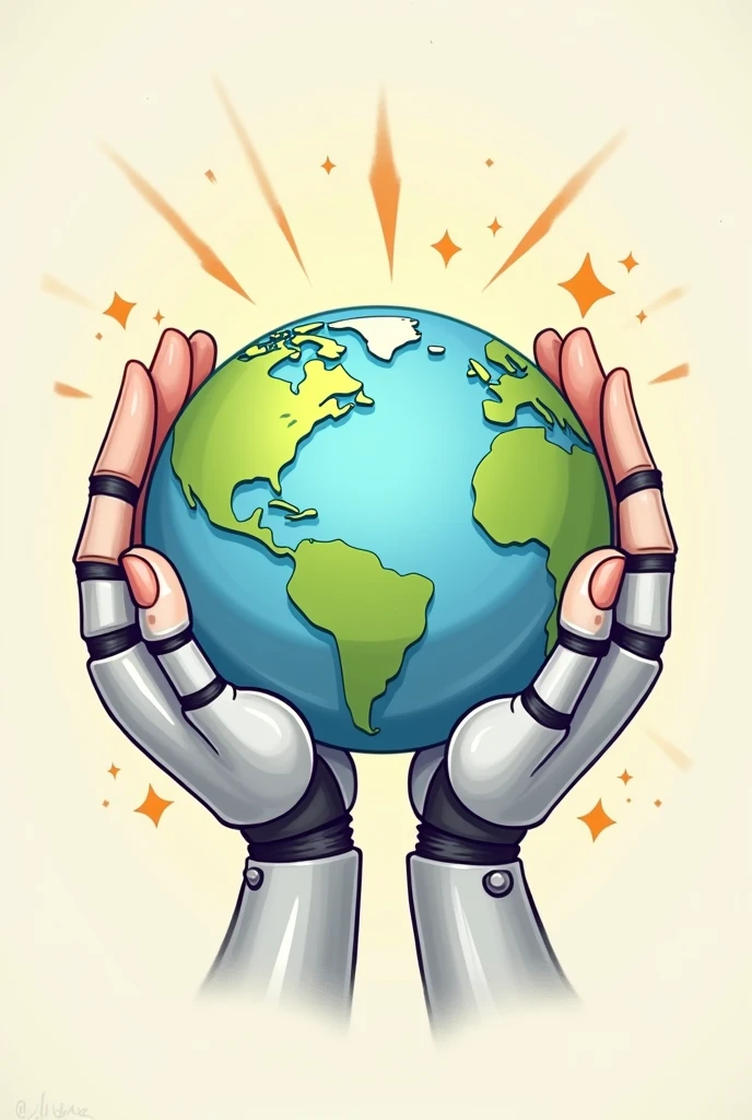 a cartoon image of a two hands of a human and a hand of robot holding a globe
