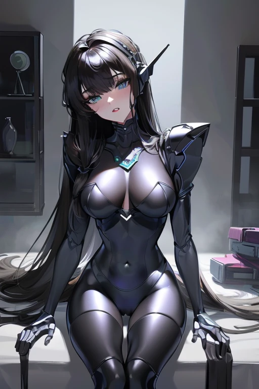 (masterpiece),(Highest quality),(Super detailed),(Best illustrations),(Best Shadow),(Absurd),(Detailed Background),(so beautiful), 16K, 8K, 4K,(Best Shadow),empty eyes,robotization,woman ,big bust,Robot Joint ,Metal skin,Black Suit,long hair,a black suit that covers the whole body