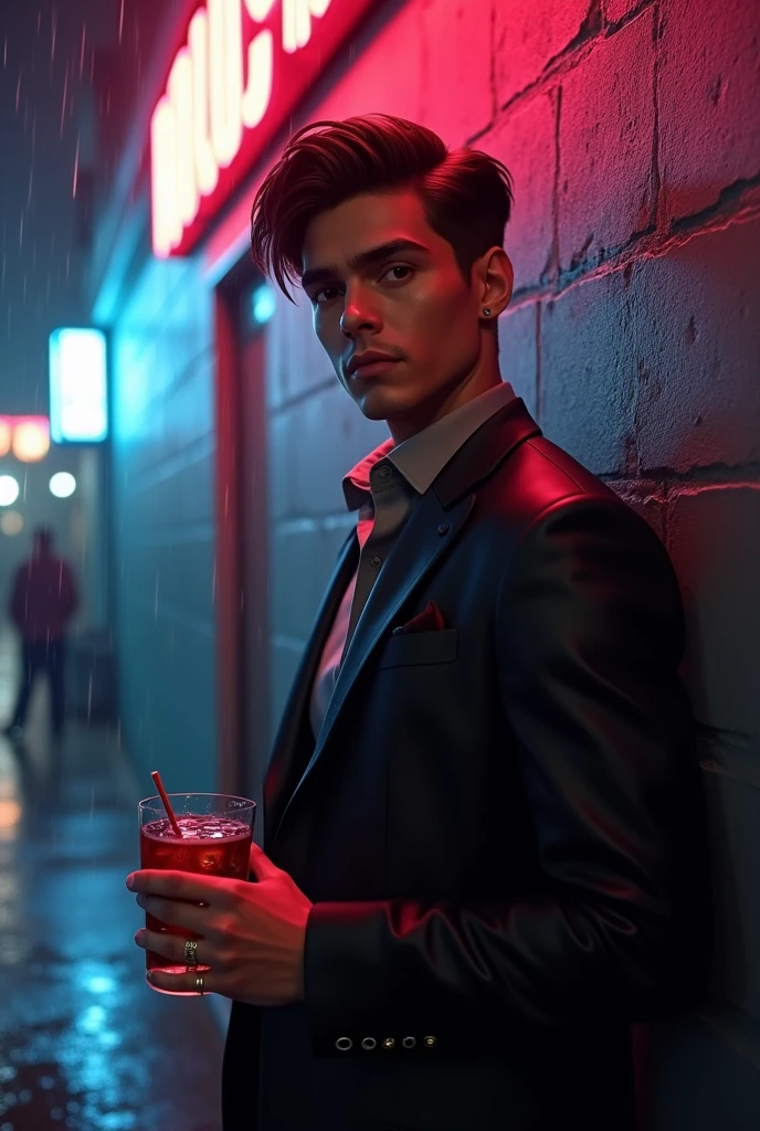 Stand stylish dress boy short hair wall name Sharif Khan neon light smoking and drink rain light