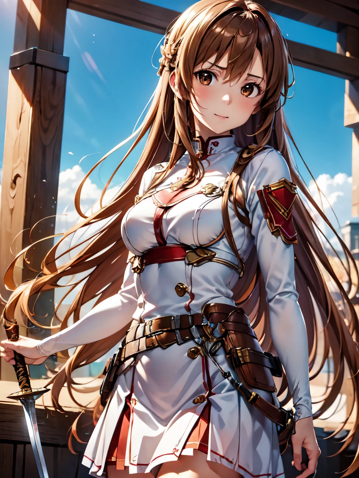 Best Photos, masterpiece、Ultra-precision、[3D Images:1.5]、Sword in hand、[[Rapier:1.10]]、Swinging a Sword、High quality anime girl with brown hair and brown eyes,Red and white uniform, 8k images、Best Photos, Realistic, Soft Light、Cowboy Shot、Absolute reference to the center