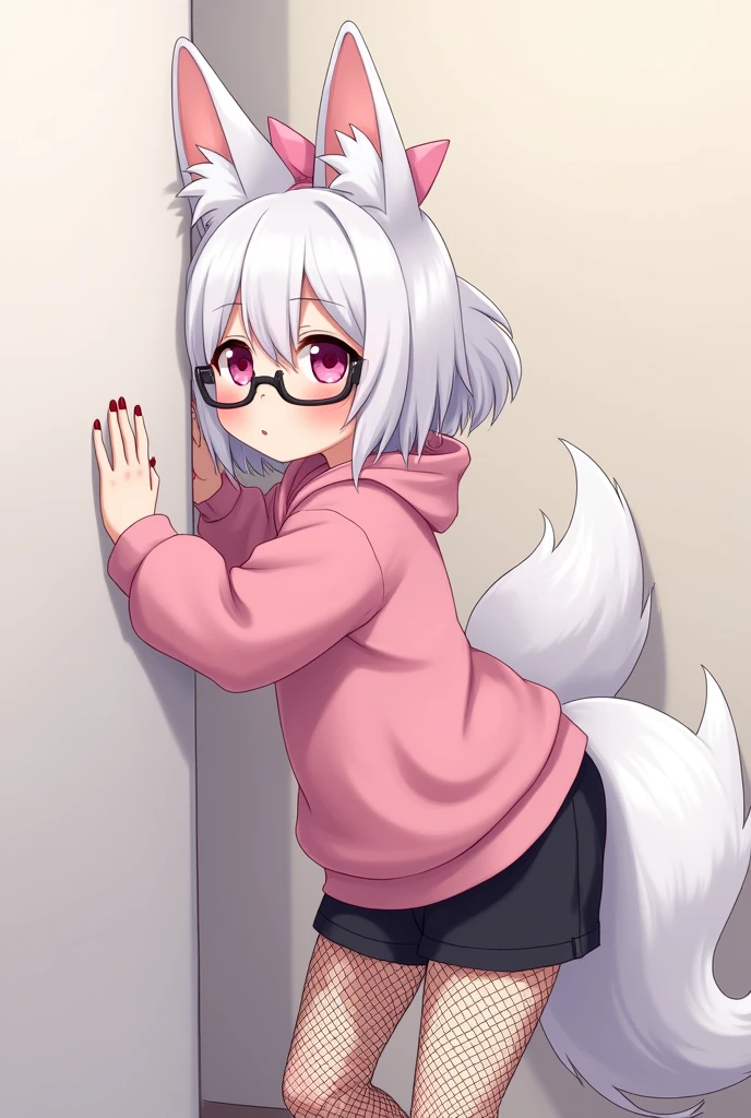 I have white hair white fox ears, a bow, My face is super blushing, black glasses, pink heart eyes, a big pink sweatshirt, painted nails a skirt down black shorts, black mesh stockings, White shoes, a fox tail a very shy girl i&#39;m hitting you a wall grabbing her butt she&#39;s also pouting