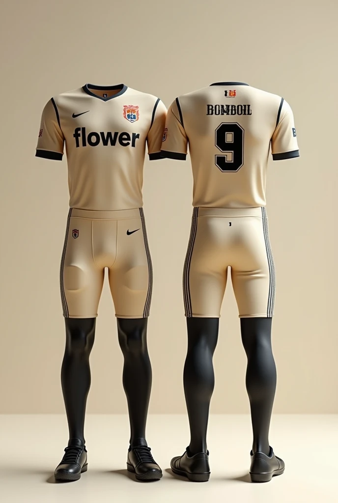 Image of the two football sports uniforms in light beige combined with black, with a stripe or sparkle print on the front that the name "flower" and a number 9 on the back of one of the uniforms.