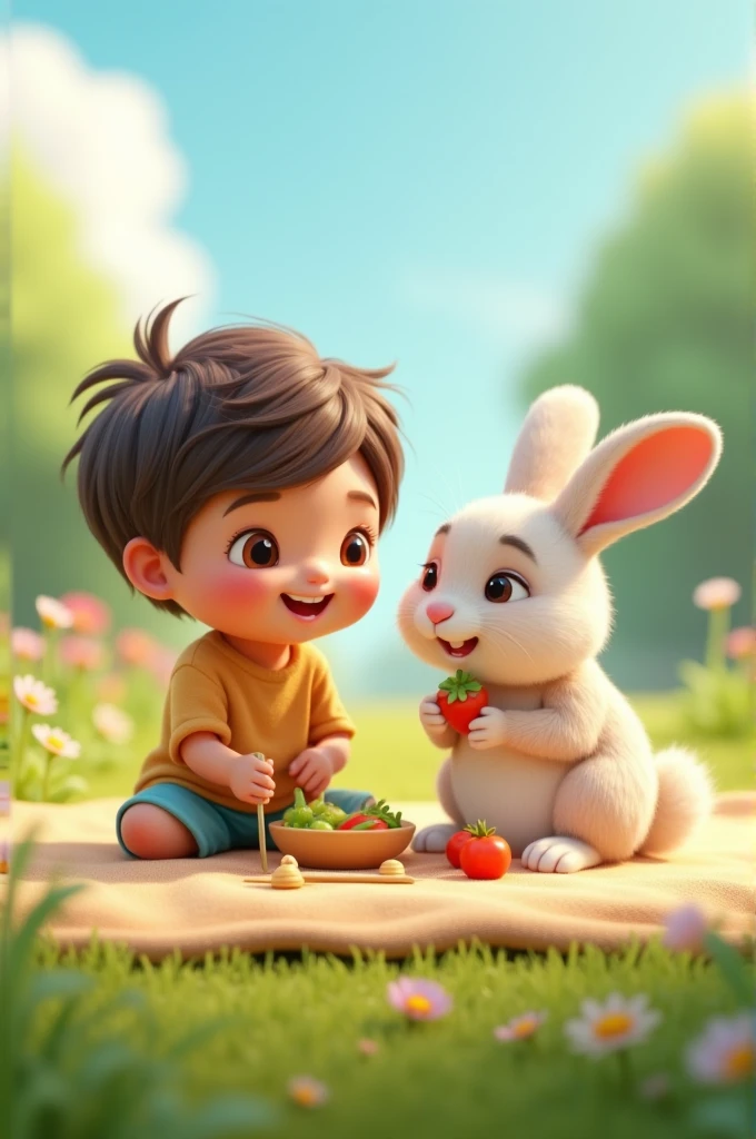   and Rabbit become friends"

 sitting on a blanket with Rabbit the rabbit next to him, eating veggies or playing together.eating veggies  3D animation
