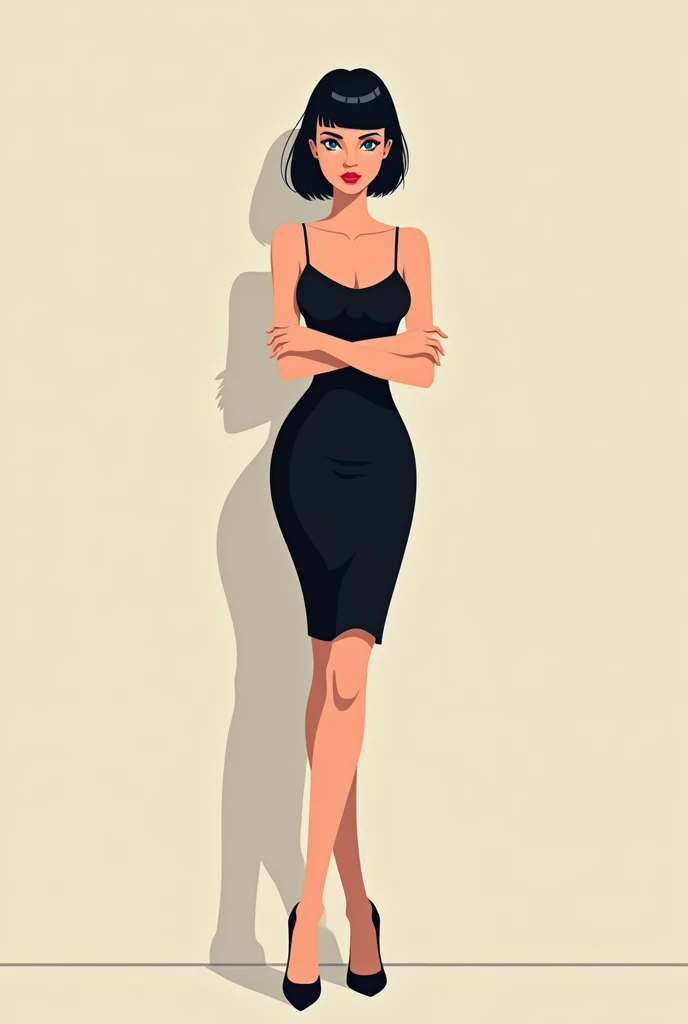 Vector illustration, girl, minimalist, flat color, A Female with bob black haircut with blue eyes and Red lips, bare shoulders, black dress, taut dress, spaghetti strap black dress, sleeveless, black high heels, standing up against a wall in the sidewalks streets at daytime in the background, 1 girl, solo, looking at viewers, smile, full body