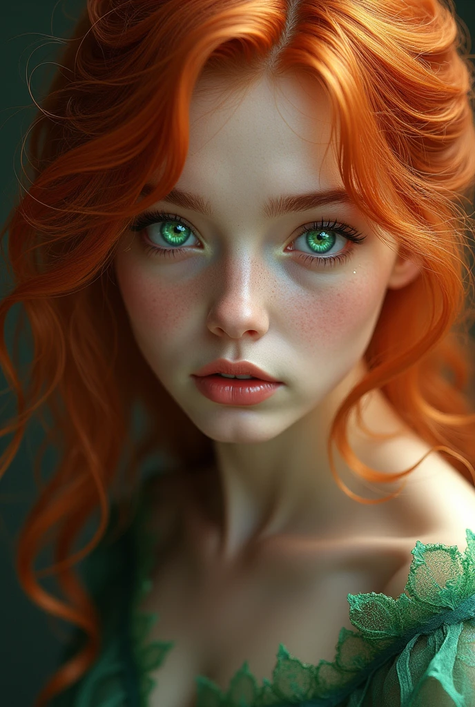A girl called One Piece with red hair and green eyes like emeralds, very beautiful