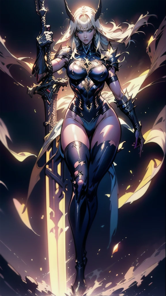 (full body portrait), Magik of X-men, Illyana Rasputin with long white hair, piercing blue eyes, wearing a low cut unitard with high cut legs, tight thigh high boots, holding a glowing magical sword, jumping with sword raised back behind head, huge overhead swing of sword, floating in a mystical realm with swirling energy, (best quality,8k,highres,masterpiece:1.2),ultra-detailed,realistic,photorealistic,photo-realistic:1.37,concept art,dark fantasy,digital painting, dramatic lighting, cinematic, intricate details,ethereal,otherworldly atmosphere, no bra, (torn clothes:1.3)