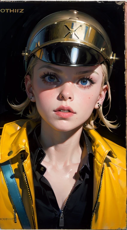 tank girl character, military helmet, piercings, shotgun, in a tank, (art inspired by Skottie Young and Bill Sienkiewicz). oil painting)