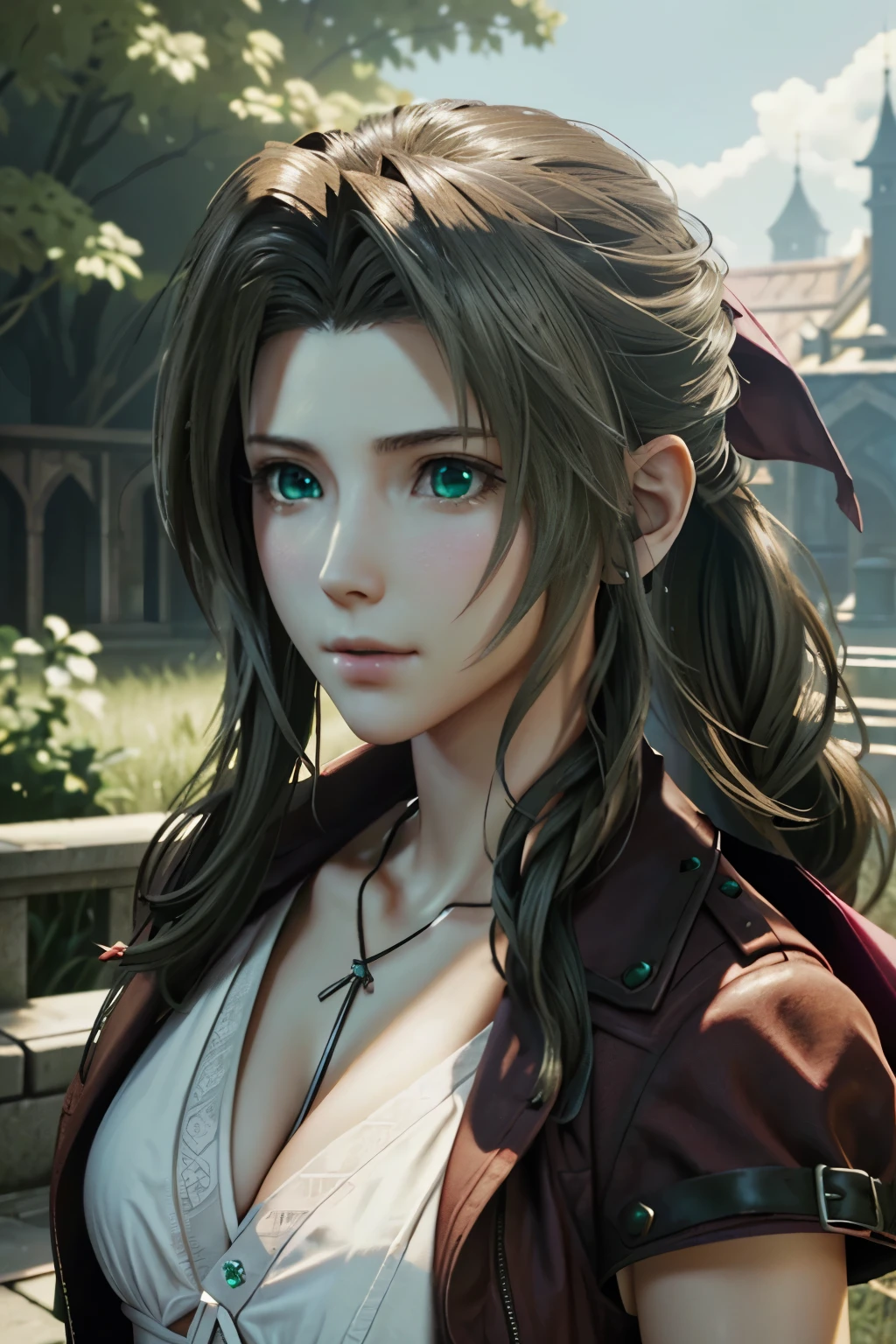 ((Super detailed, masterpiece, Highest quality)) FF7 Aerith, One person, alone, Single Blade, Green Eyes, Brown Hair,
