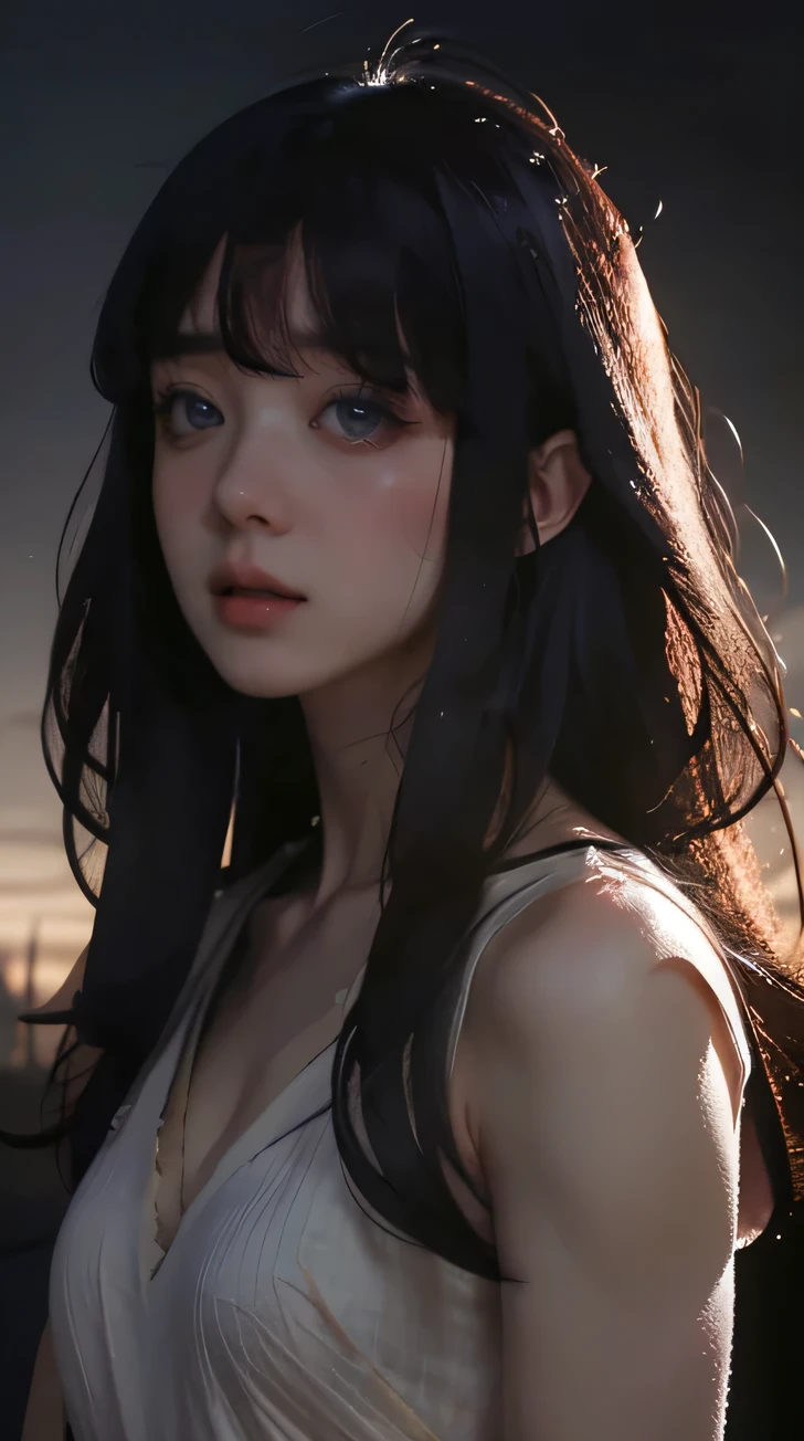 An intense and moody masterpiece of an extremely detailed CG unity 8k wallpaper showcasing a woman with a ripped and torn dress, messy curly hair, and an intense frightened expression, Crying, Begging, The low-key lighting adds to the atmospheric drama of the scene.