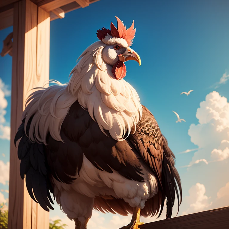 There is a very majestic rooster in grandma's avocado orchard,and ten hens。Every day the sky just turns white,RoosterWoo,woo. The hens get up on time。Granny and cock lovely detailed digital art,, Stylized 3D Rendered Character Art, Beautiful Numbers, 3d pixar style