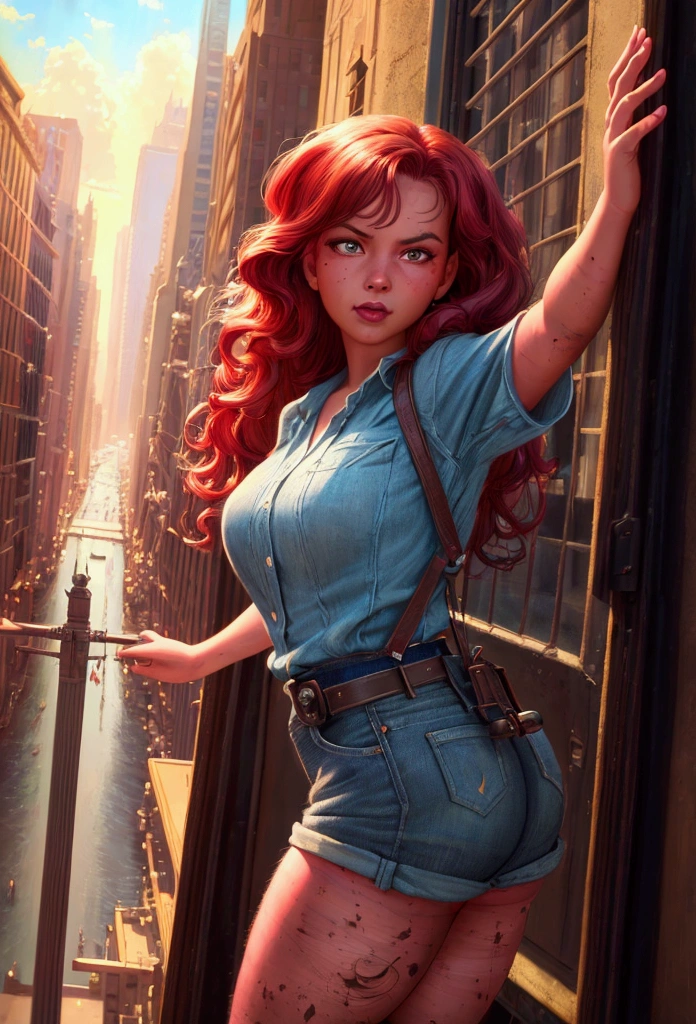 Superchica,beautiful,dark complexion,Red hair,American Girl,flying in the sky,by Bob Byerley,por Charlie Bowater,por Ko Young Hoon,New York City Background,classic 50s look,(Best Quality,4k,8k,High resolution,masterpiece:1.2),ultra detailed,(realist,photorealist,photo-realist:1.37),oil painting,Image quality similar to that of a master's work.,HD,impressive details,Professional lighting,vivid colors,bokeh,powerful superheroine,confident expression,floating gracefully over the city,classic american comic style,sharp focus,with a strong sense of movement, Dynamic and captivating,striking and energetic.