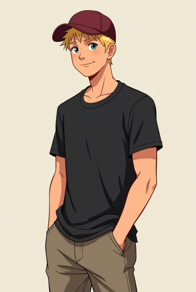 A young adult male in his 20s, blond, with a slightly stronger physique, short hair, with a slight smile wearing shorts and a black shirt and a wine cap. make a cartoon drawing with more adult features and that is not 3D