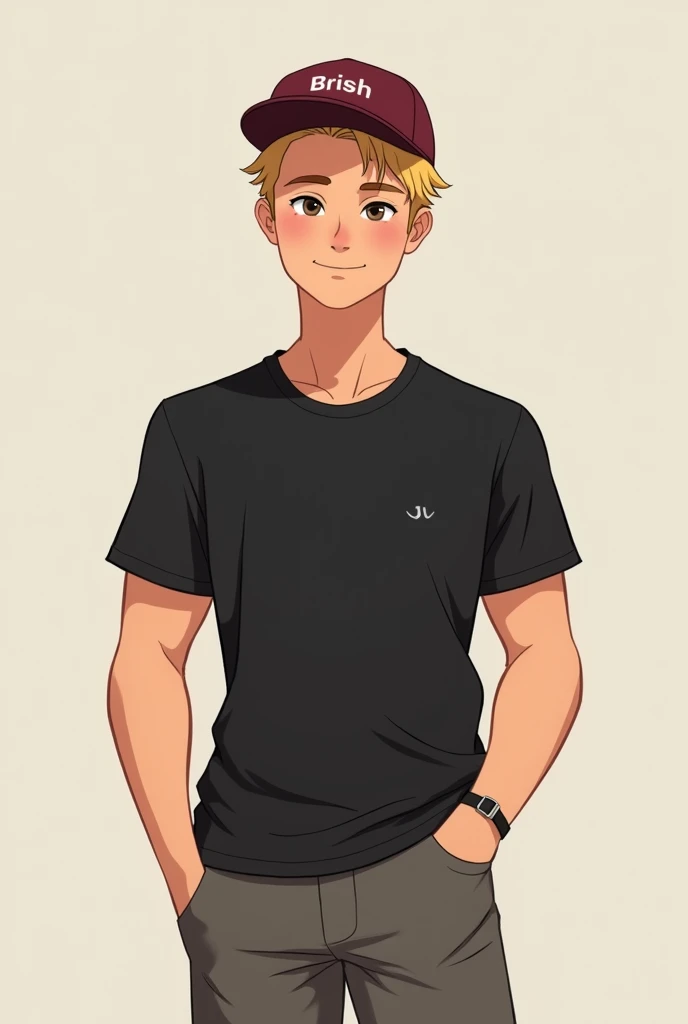 A young adult male in his 20s, blond, with a slightly stronger physique, short hair, with a slight smile wearing shorts and a black shirt and a wine cap. make a cartoon drawing with more adult features and that is not 3D