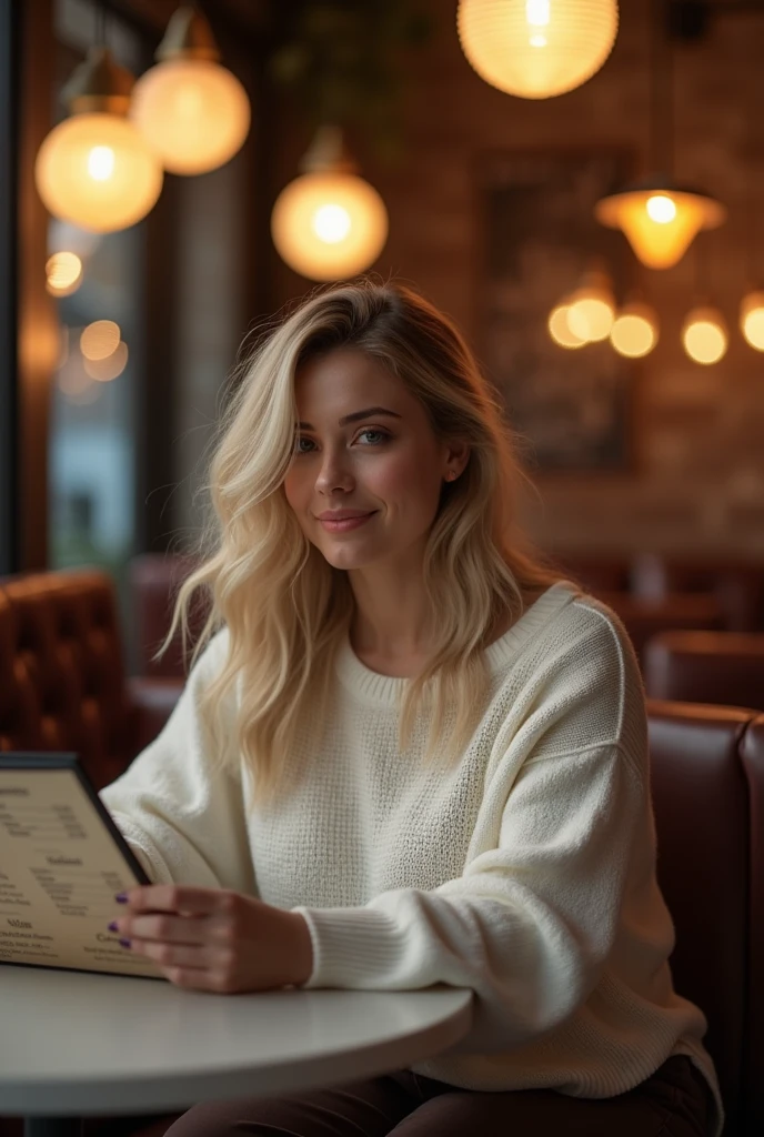 An 1 woman with light blonde, wavy hair, seated comfortably in a cozy café at night. She’s wearing a slightly oversized white sweater that drapes over her curvy figure, with her prominent glutes and medium-sized breasts subtly visible through the fabric. The café is warmly lit by overhead pendant lamps, creating an intimate, relaxed atmosphere. She’s sitting at a table, casually looking at the menu, her posture relaxed and inviting, reflecting her shorter, delicate frame.