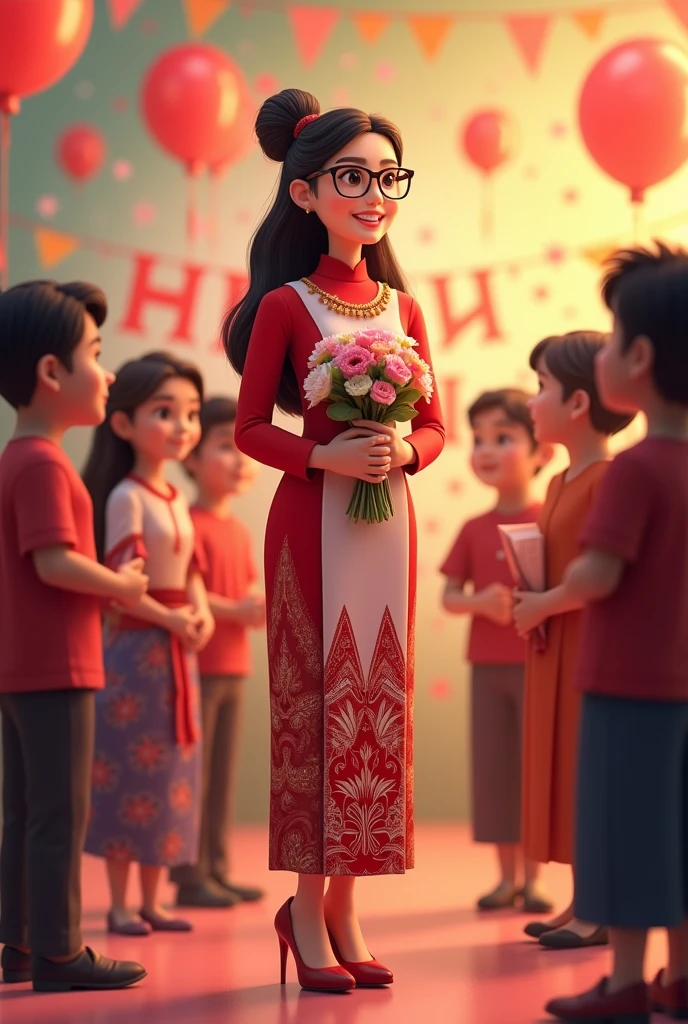 4D Cartoon Beautiful Indonesian Woman Age 30 Years, wearing traditional Indonesian clothes, red kebaya, under white Indonesian batik cloth with a red mountain wayang motif up to the ankles, wear glasses, high heel shoes, bun, hold a bouquet of flowers in plastic packaging, happy smile, there is a banner with the writing, "Congratulations on the Promotion, Dr. Diah Dio", UHD, 16k, clear, flanked by 6 other people.. soft lighting, soft colors, results like photos from professional photographers.