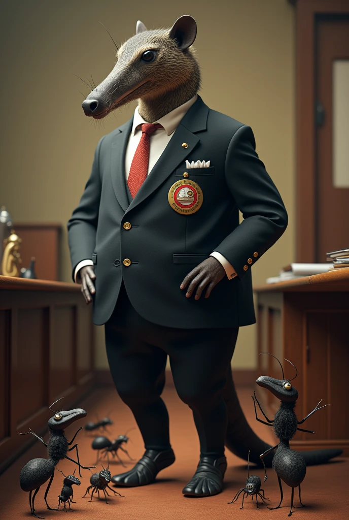 Create a photo of a giant anteater dressed in a suit, with badge written municipal secretary of Capivari de Baixo, and next to it several ants laughing at the anteater